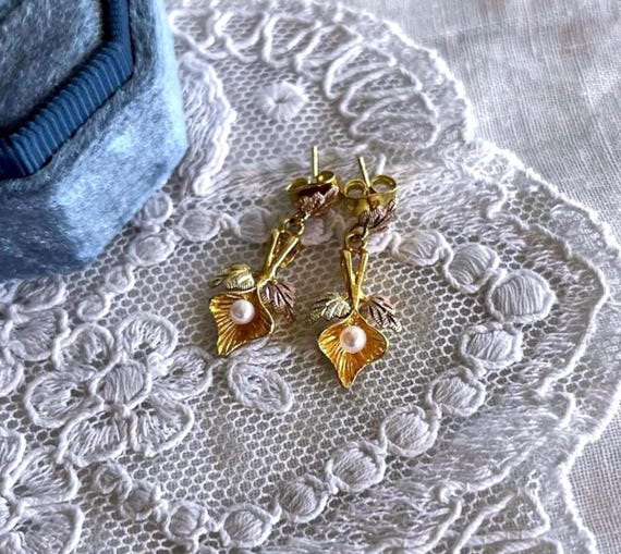 Vintage 10K Black Hills Gold Pearl Dangle Earrings, Floral Motif