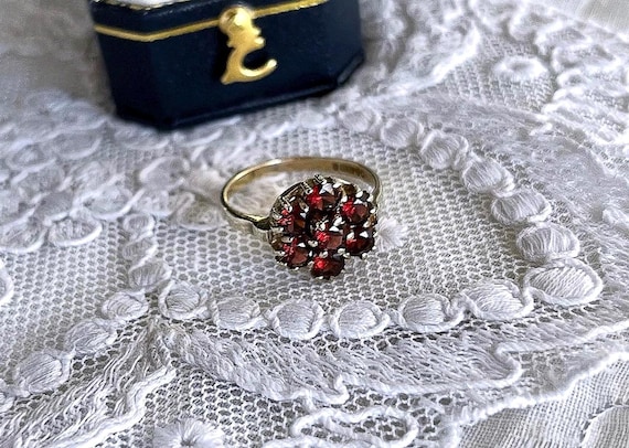 Vintage Bohemian Garnet Cluster Ring, 9ct Yellow Gold, Rose Cut Faceted Stones, Size 6