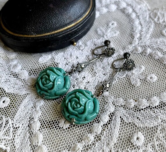 Unique antique 1920s Art Deco Sterling Silver molded  Rose Czech glass sparkling Marcasite accented stamped Screw Back Drop Earrings