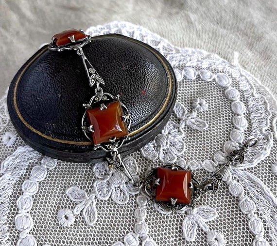 Vintage 1930s Art Deco Carnelian Sterling Silver Marcasite Bracelet