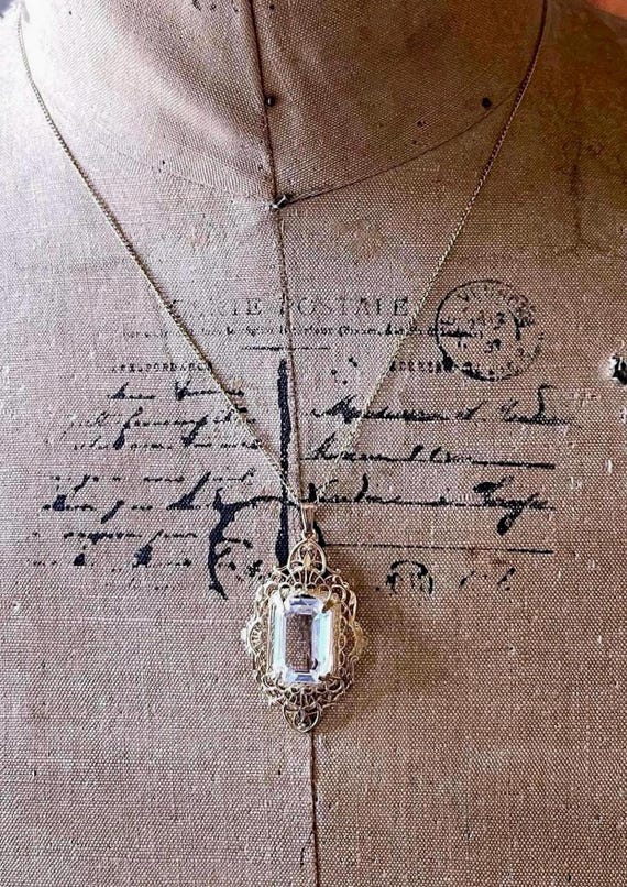 Pristine Edwardian Revival Gold filled Filigree faceted Diamond Paste Stone accented hallmarked Lavaliere Necklace