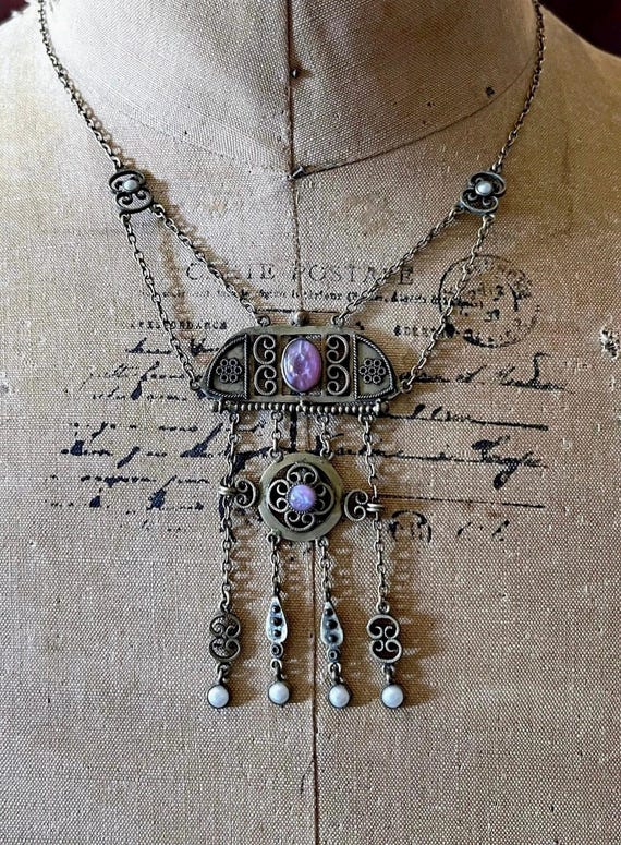 Rare antique Arts and Crafts Bohemian Revival Pinchbeck Opal Czech Glass genuine Pearl accented ornate Festoon Necklace