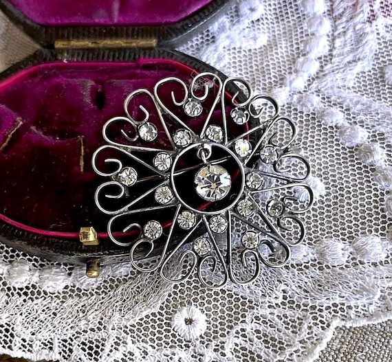Antique 875 Silver Filigree Brooch, Kharkiv Paste Stone Floral Pin