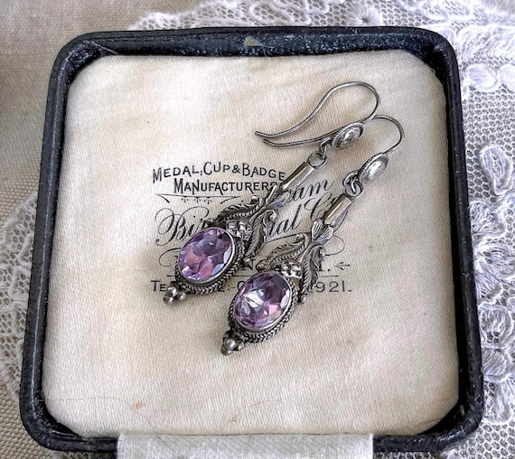 Beautiful Art Nouveau Arts and Crafts Sterling Silver genuine faceted Amethyst Stone accented gorgeous hallmarked Fish Hook Drop Earrings