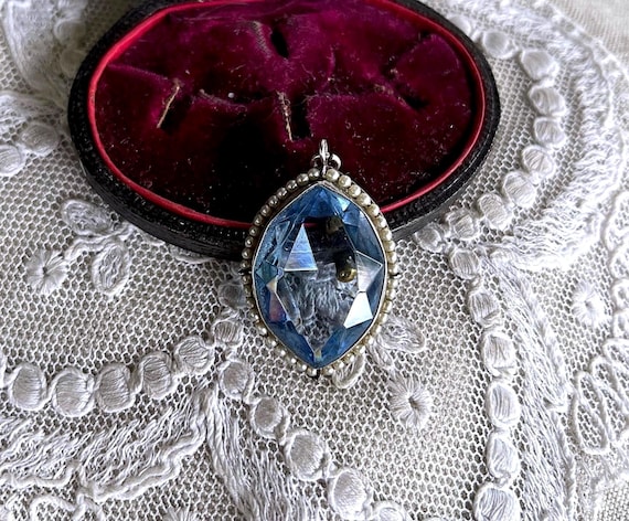 Edwardian Belle Époque Sterling Silver genuine Seed Pearl Topaz Blue Paste Stone antique Pendant