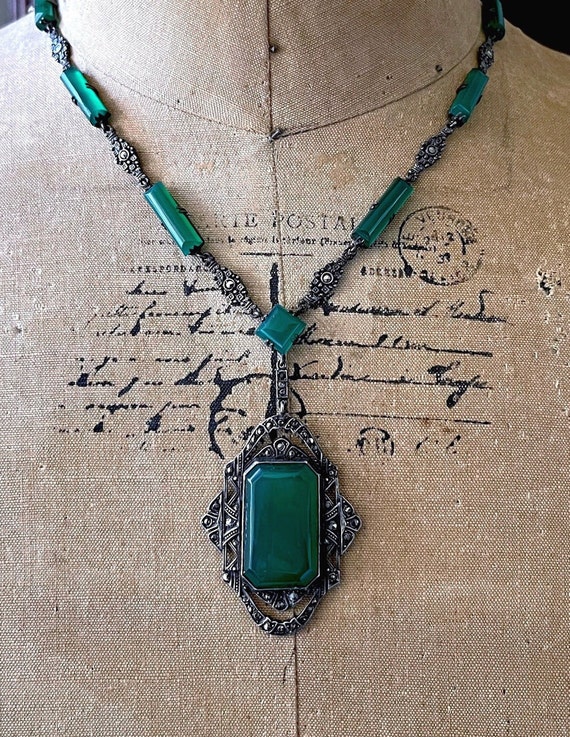 Exquisite Antique Edwardian Sterling Silver luminous genuine Chrysoprase Stine  Marcasite accented gorgeous hallmarked Lavaliere Necklace