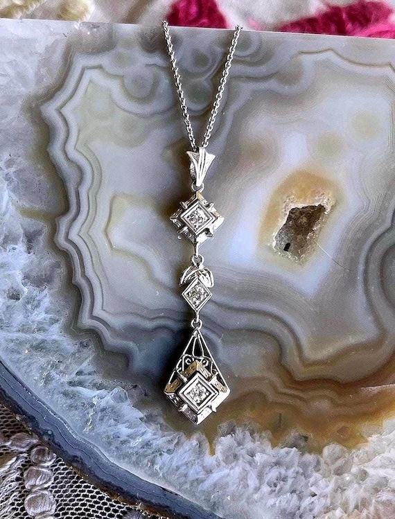 Vintage Edwardian Revival 18K White Gold genuine faceted Diamond accented fine hallmarked Pendant Necklace