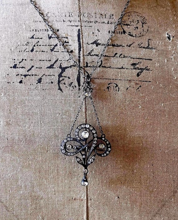 Antique Edwardian Belle Epoque Sterling Silver Paste Stone Lavaliere Necklace
