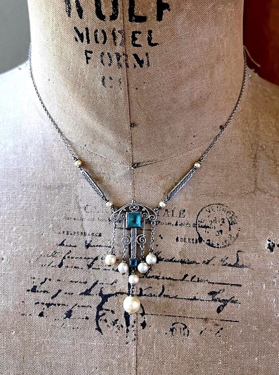 Antique Edwardian delicate Sterling Silver Blue Paste Stone Majorica Pearl accented Negligee Necklace