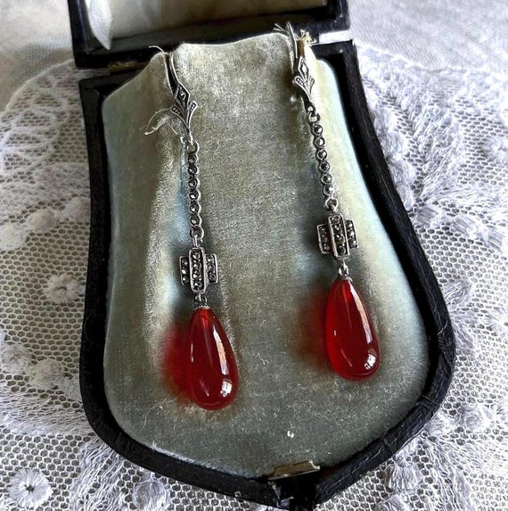Antique Edwardian 935 Silver Carnelian faceted Marcasite accented hallmarked Shepherds Hook Drop Earrings
