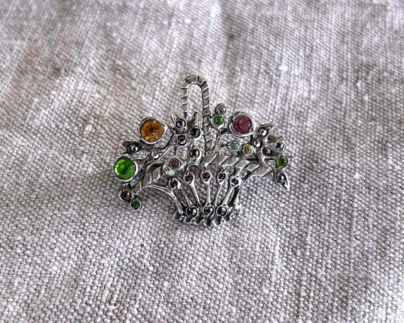 Antique Edwardian Giardinetti Brooch: 900 Silver Paste Stone Floral Basket
