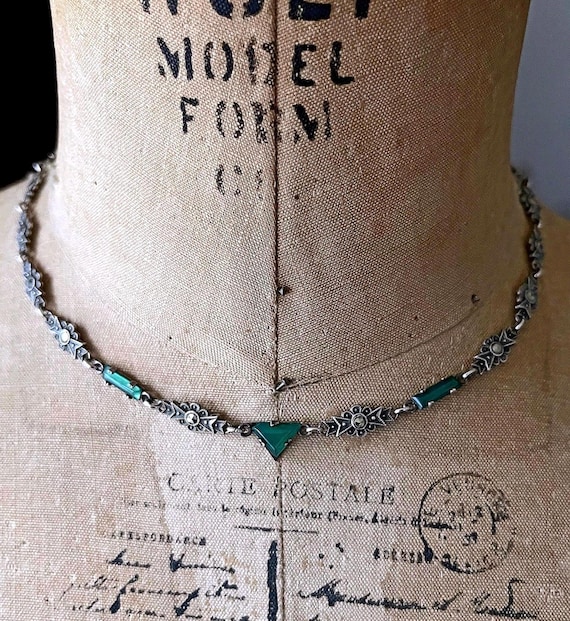 Antique Art Deco Rhodium Plated Sterling Silver Marcasite luminous faceted Chrysoprase Chalcedony accented delicate Choker Necklace