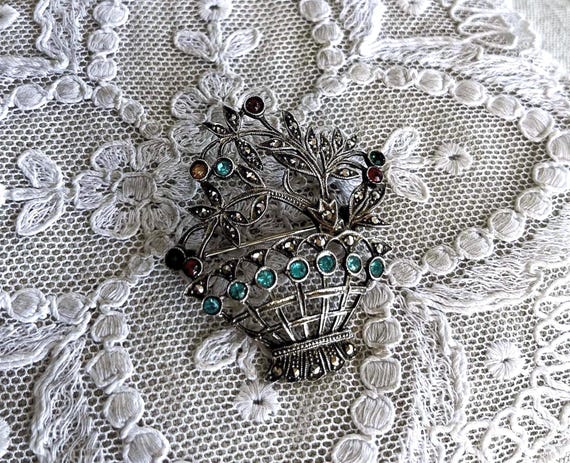 Wonderful Edwardian Revival Giardinetti 800 Silver brilliant faceted Paste Stone accented exquisite stamped Garden Brooch