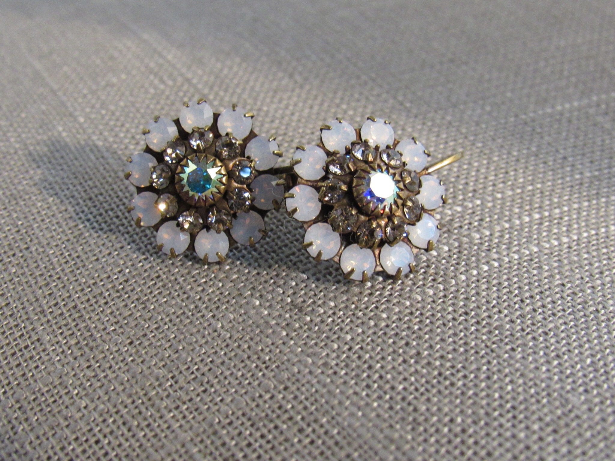 Liz Palacios vintage signed antique bronze tone rhinestone flower earrings Art Nouveau style