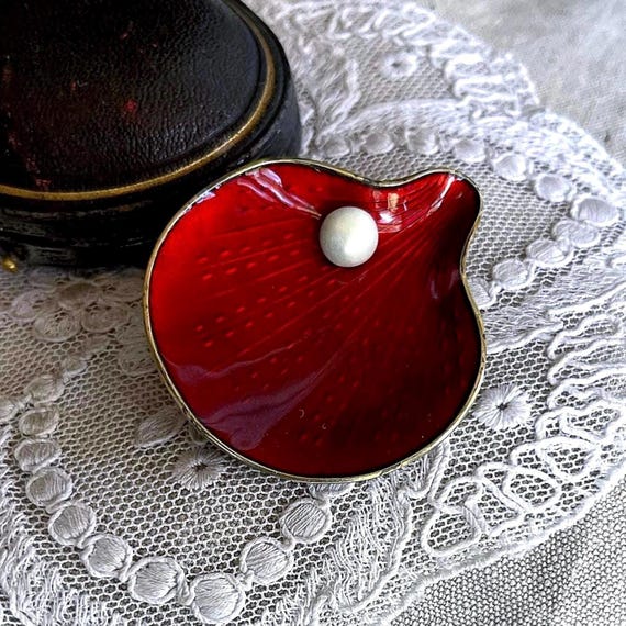 Vintage Finn Jensen Norway Brooch: Gold Rolled Sterling Silver, Red Guilloche Enamel, Pearl