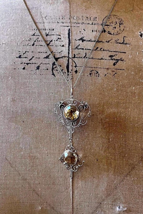 Antique Bohemian Arts and Crafts Gold rolled 800 Silver Cannetille faceted Citrine Pendant Necklace