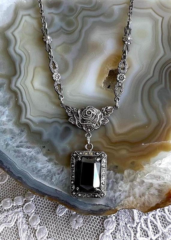 Antique Art Deco 1920s Sterling Silver luminous faceted Hematite brilliant  Marcasite accented lovely hallmarked Lavaliere Necklace