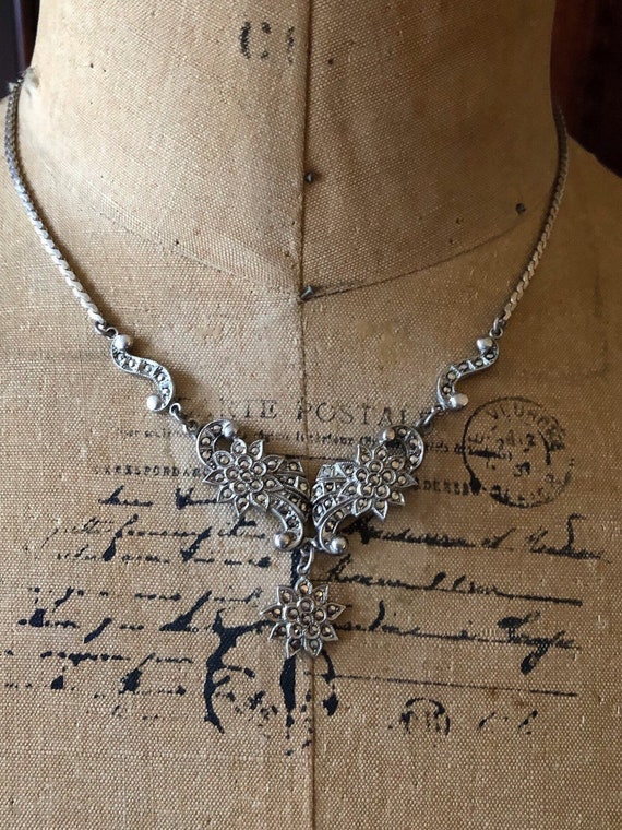 Vintage Art Deco Theda 1930s-40s Sterling Silver Rhodium Plated faceted sparkling Marcasite Crystal accented lovely stamped Necklace