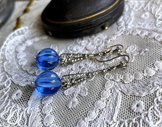 Fine Vintage Art Deco Sterling Silver brilliant faceted Paste Cobalt Blue Glass Ball accented gorgeous stamped pierced Drop Earrings
