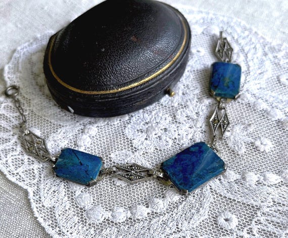 Antique Art Deco Sterling Silver luminous Blue Sodalite gemstone faceted Marcasite accented sublime hallmarked Link Bracelet