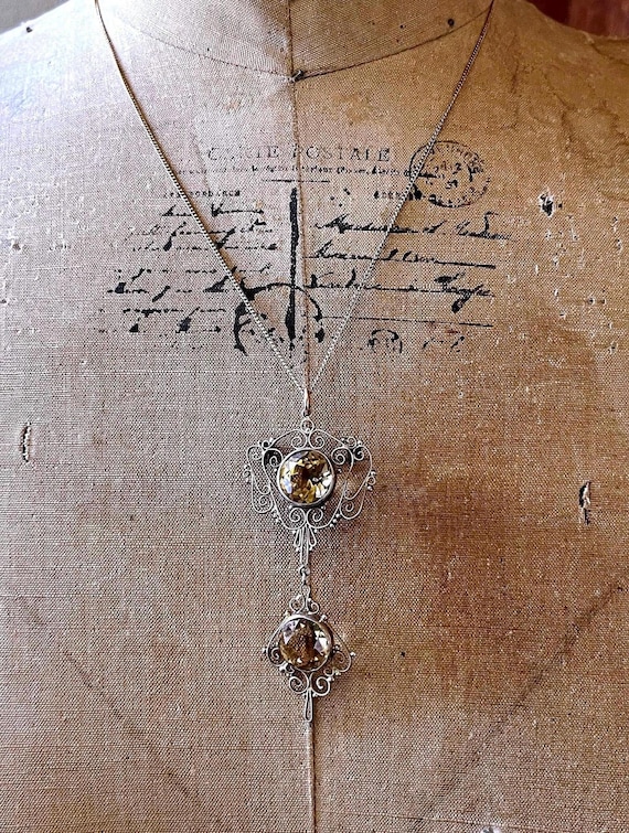 Antique Bohemian Revival Arts and Crafts Gold rolled 800 Silver Cannetille filigree genuine faceted Citrine gemstone Pendant Necklace