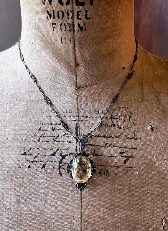 Antique Edwardian Belle Époque Sterling Silver genuine faceted Citrine gemstone fine hallmarked Lavaliere Necklace