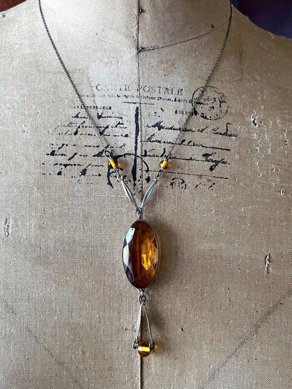 Antique Edwardian Belle Époque Sterling Rhodium Plated  Brilliant Topaz yellow Czech Paste Stone Lavaliere Statement necklace