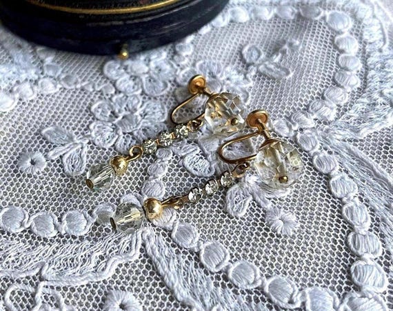 Sophisticated antique Victorian Aesthetic 10K Gold genuine Quartz Rock Crystal Faceted Paste Stone stamped Screw Back Earrings