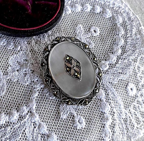 1930s Art Deco Sterling Silver Quartz Camphor Glass faceted Marcasite accented hallmarked Statement Brooch