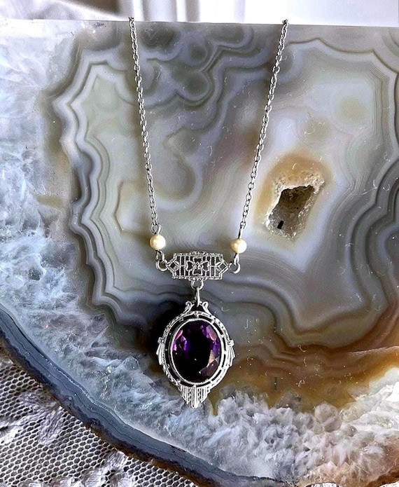 Edwardian 10K White Gold Amethyst Lavaliere Necklace: Antique Filigree Pendant