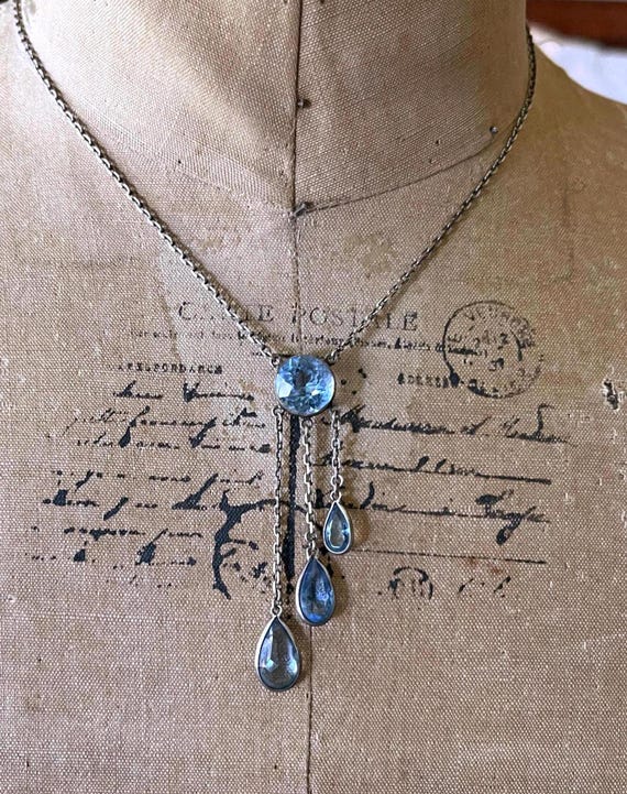 Sophisticated antique Art Deco Sterling Silver brilliant faceted Topaz blue Paste Stone accented beautiful Negligée Necklace