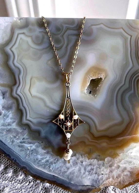 Antique 10K Gold Seed Pearl Pendant Necklace - Edwardian SM&S