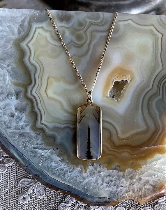 Rare antique Edwardian 1910s Dendritic Agate Gold Filled delicate hallmarked Pendant Necklace