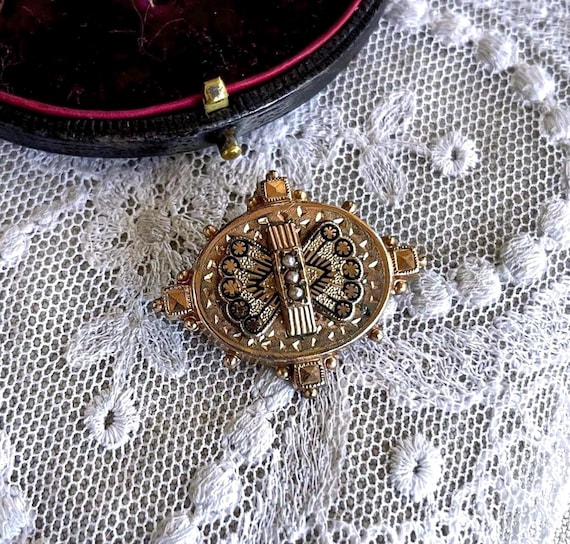 Victorian Seed Pearl Brooch: Gold Filled Enamel Scroll Lapel Pin
