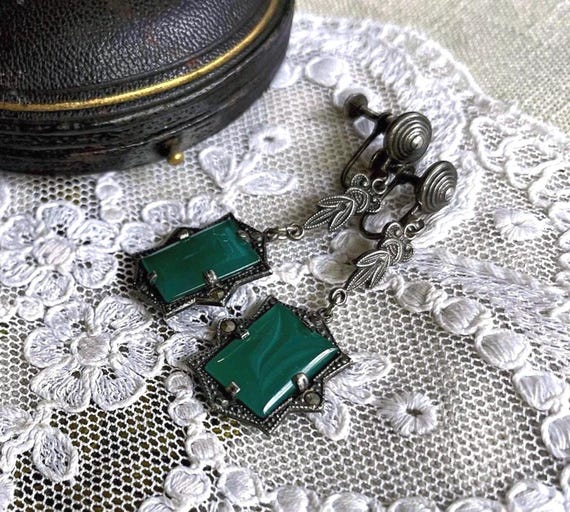 Antique Edwardian 1910s Sterling plated faceted Chrysoprase Green Chalcedony brilliant Marcasite accented Screw Back Drop Earrings