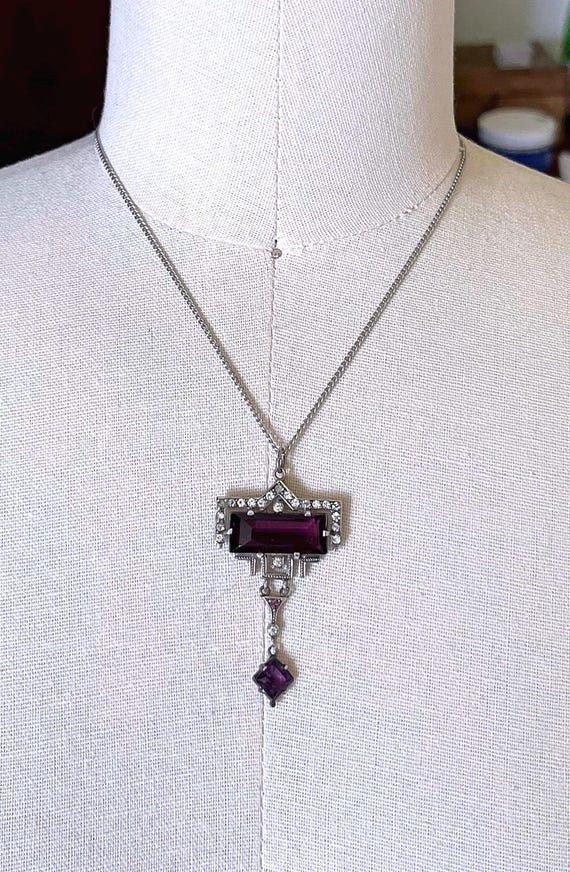 Art Deco Sterling Silver Amethyst Pendant Necklace: H&H Antique Paste Stone