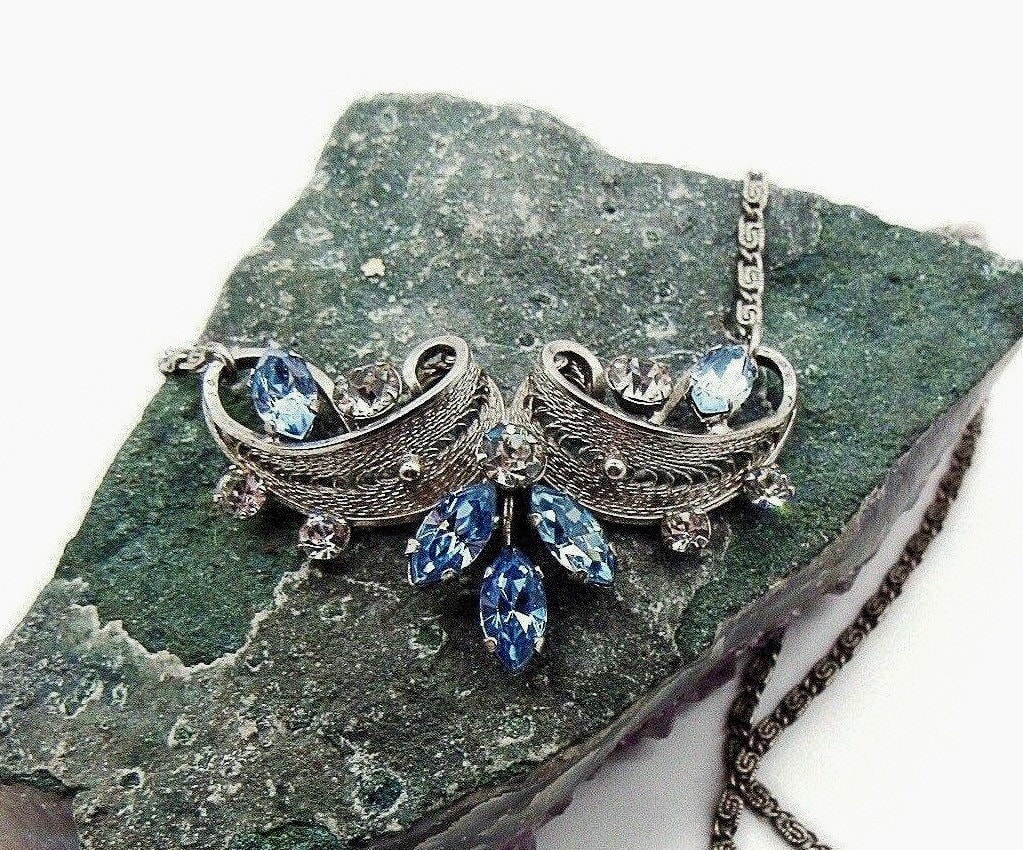 Van Dell vintage sterling silver filigree faceted crystal signed