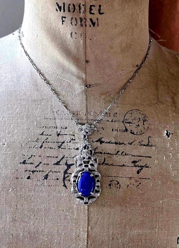 Antique Edwardian 1910s Sterling Silver Blue Chalcedony Paste Stone accented hallmarked Lavaliere Necklace