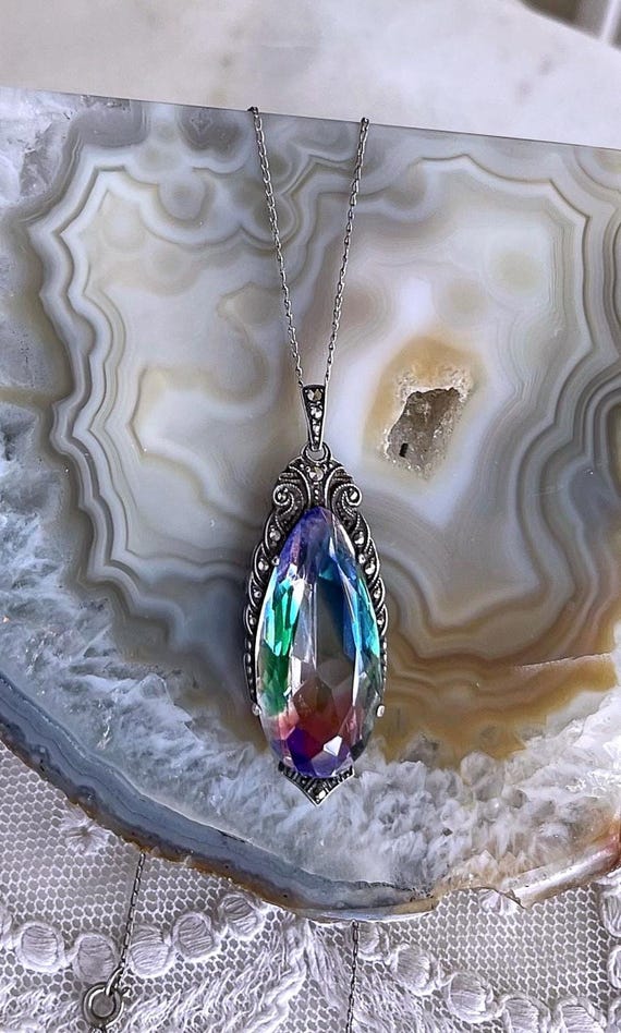 1930s Austrian 935 Silver faceted Marquis Cut Iris Watermelon Glass hallmarked Pendant Necklace