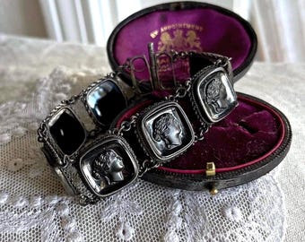 Antique Victorian 1800s Sterling luminous Obsidian bezel set Cameo Mourning Link Bracelet