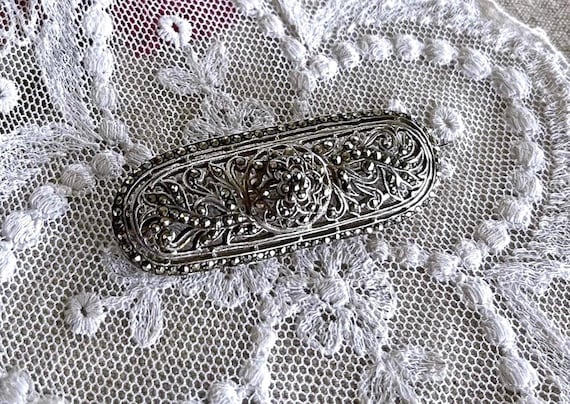 Vintage Art Deco Sterling Silver Marcasite Brooch: 1930s Statement Jewelry