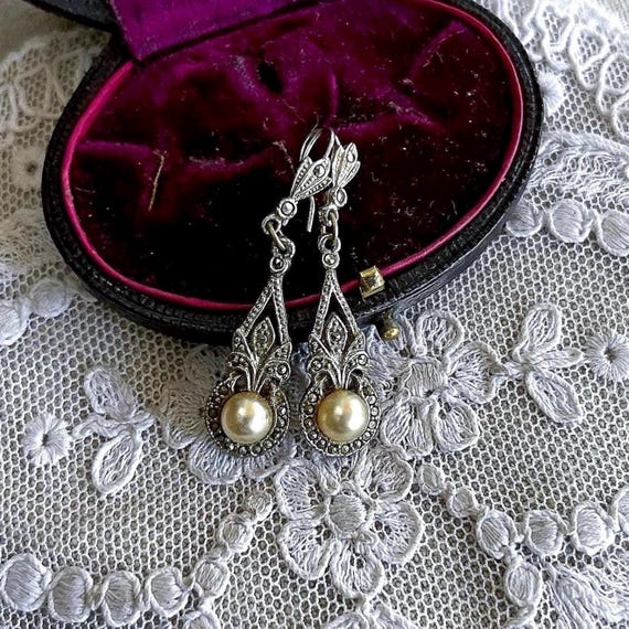 Sophisticated antique Edwardian Belle Époque Sterling Rhodium plated Glass Pearl brilliant Marcasite accented Shepherds Hook Drop Earrings