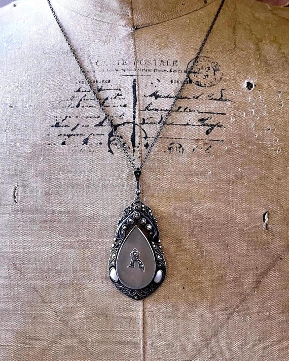 Antique Theodor Fahrner Jugendstil Sterling Quartz Camphor Glass Marcasite Baroque Pearl hallmarked Pendant Necklace