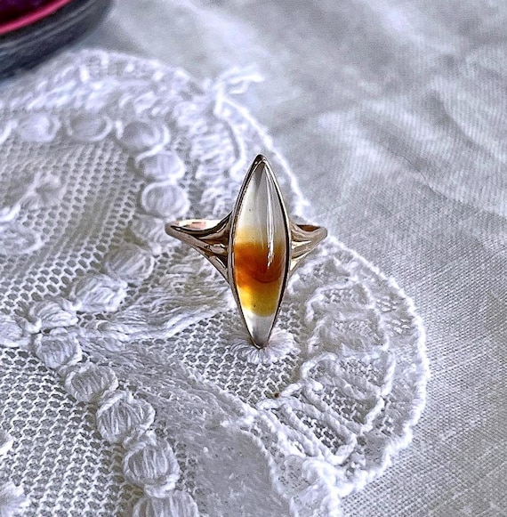 Vintage Art Deco 1930s 10K Yellow Gold Dendritic Agate hallmarked size 5.5 Cocktail Ring