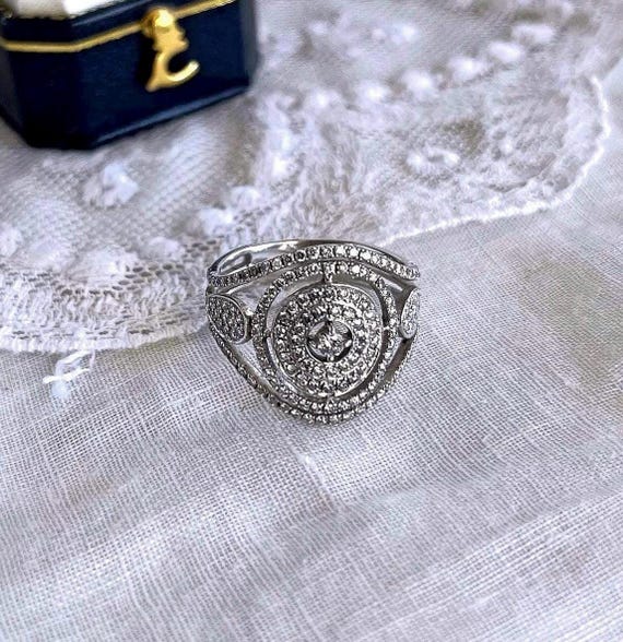 18K White Gold Pave Diamond Statement Ring, Size 8, Hallmarked, 1.5 Carat Genuine Diamonds