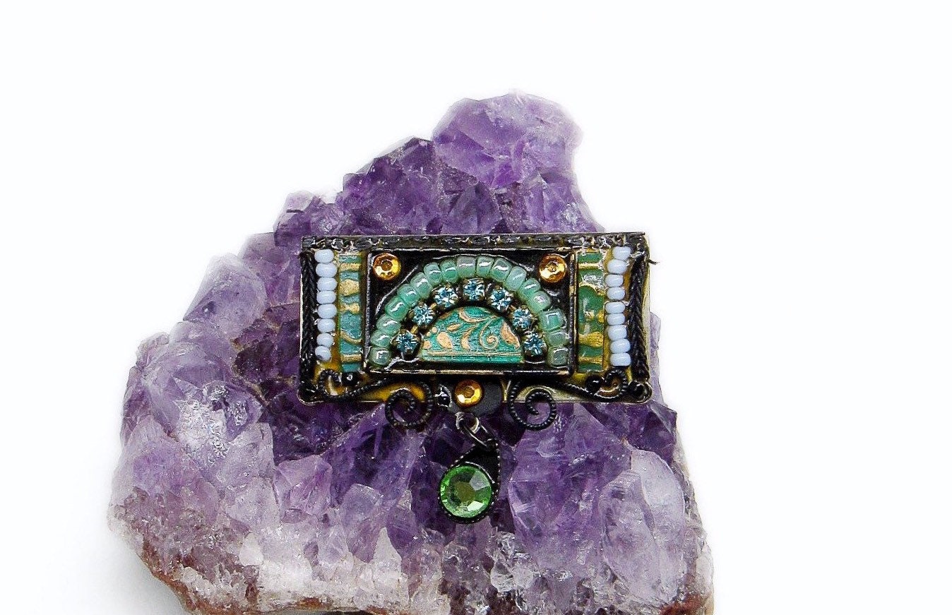 Amazing Adaya vintage Austrian Crystal Czech Glass Enamel handcrafted in Israel signed Artisan Brooch
