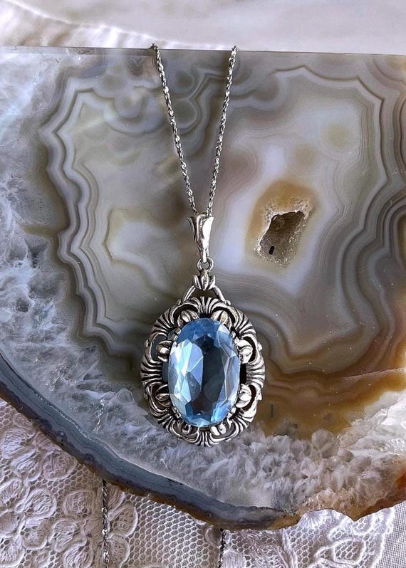 Vintage German Deco 835 Silver Blue Spinel hallmarked Pendant Necklace