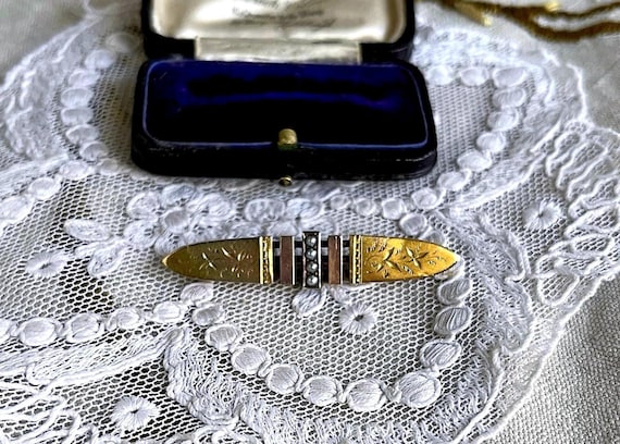Fine antique Victorian Romantic Era 9k Gold genuine luminous Seed Pearl accented ornate scrolled Brooch