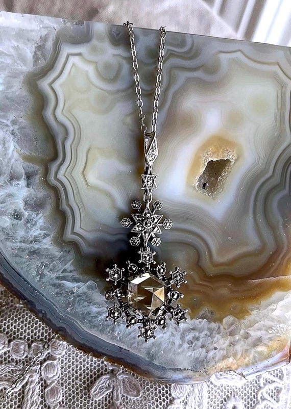 Vintage Edwardian Revival Sterling Silver faceted Citrine gemstone Marcasite accented hallmarked Brooch/Pendant Necklace