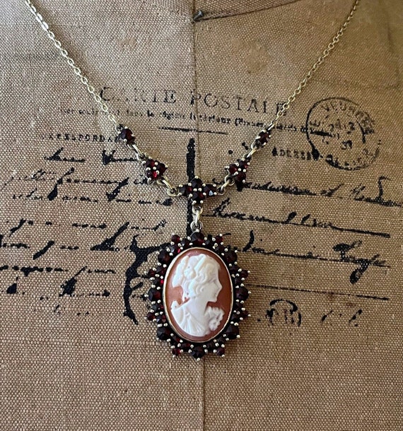 Romantic vintage Victorian Revival Rose Cut Garnet Sterling Vermeil genuine Conch Shell Cameo lovely Heirloom Necklace
